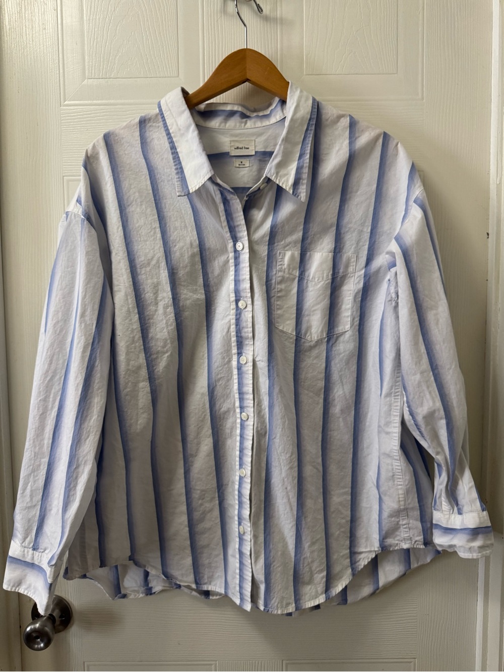 Wilfred Blue and White Vertical Stripe Button-Down Shirt
